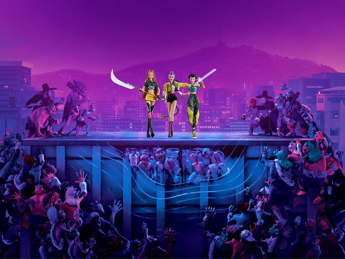 KPop Demon Hunters: HUNTR/X perform on a Seoul rooftop stage, surrounded by demons